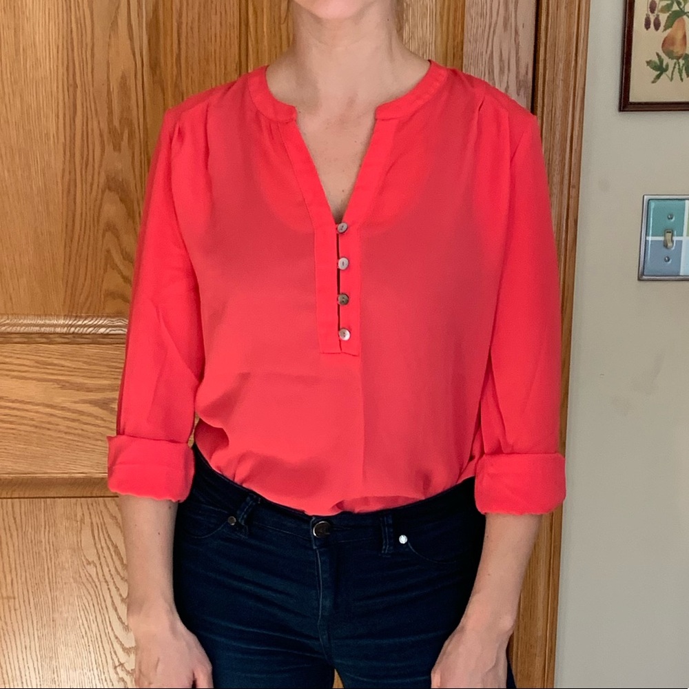 Size X-Small, Pleione, bright coral colored blouse